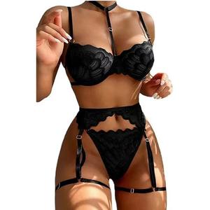 Conjunto de lencería sexy de encaje transparente para mujer, con escote profundo en V, tirantes que dejan ver la cadera, conjunto de lencería erótica de tres piezas con bragas. - Product Image 2