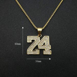 Collier pendentif numéro 24 en acier titane plaqué or, entièrement serti de diamants, pour homme et femme, bijou hip-hop, cadeau tendance. - Product Image 3