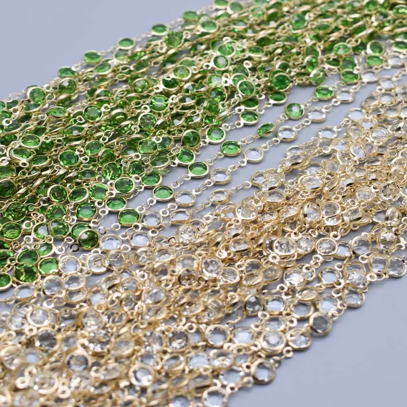 Handmade Beaded Chain Green Crystal Glass Bead Chain Copper Necklace Chain Accessories for Jewelry Making DIY