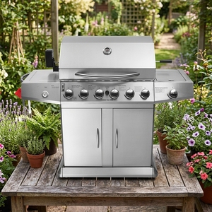 Barbecue à Gaz en Acier Inoxydable 6 Brûleurs, Grande Surface de Cuisson, Plancha Design Moderne Premium, Chariot Réglable Pliable, Utilisation Extérieure - Product Image 1
