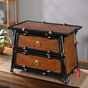 Bamboo Woven Tea Cabinet Lacquered Double Drawer Chinese Style Storage Box <b>Tabletop</b> Tea Set Organizer - Product Image 1