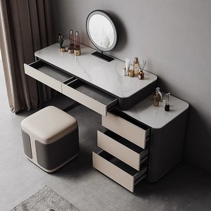 Cómoda italiana minimalista con superficie de piedra, tocador integrado de cuero y madera maciza - Product Image 4