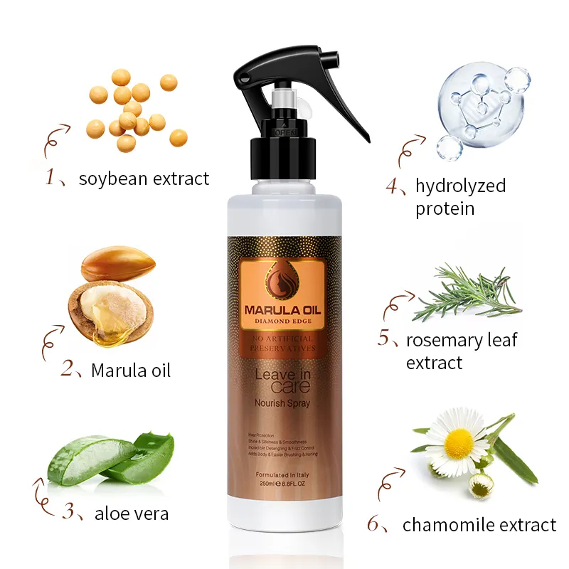 Aceite de Marula Etiqueta Privada de cuidado del cabello tratamiento Spray nutritivo dañado humedad pelo licencia en acondicionador 250ml