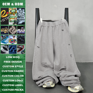 Pantalon en coton déchiré, délavé, effet usé, coupe ample, poids lourd, haute qualité, logo personnalisé pour petites commandes - Product Image 1