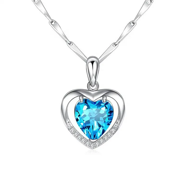 Blue Glass Stone Heart 925 Silver Necklace Female Zircon Clavicle Chain Valentine's Day