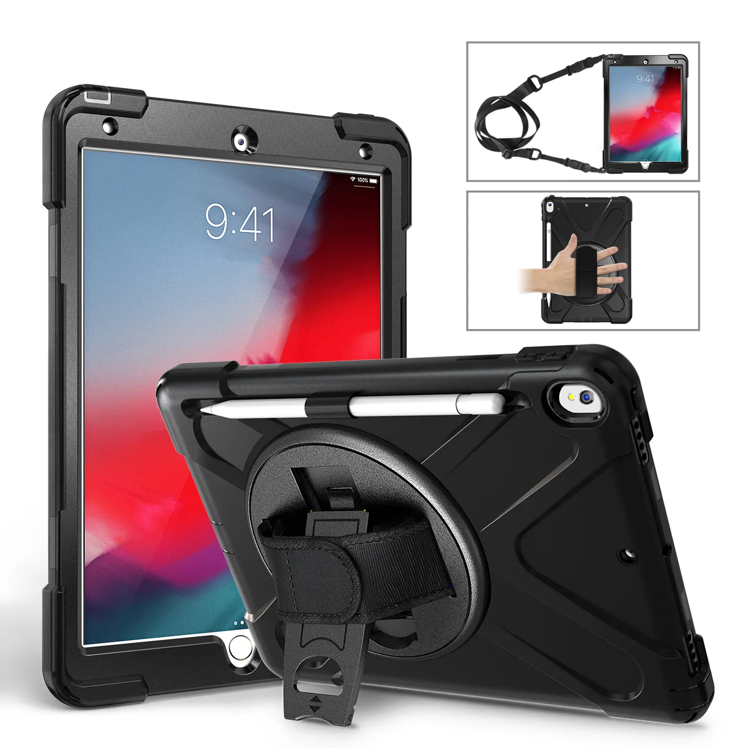 For iPad Air 3/Pro 10.5 inch Full-Body Shockproof armor 360 Rotating kickstand hand shoulder strap sturdy rugged defender case