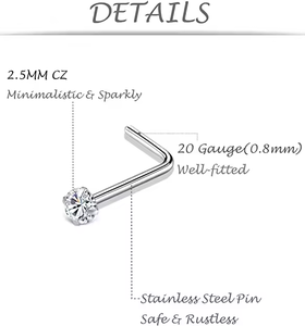 Anneaux de <span class=keywords><strong>nez</strong></span> en acier inoxydable hypoallergénique 20G, clous de <span class=keywords><strong>nez</strong></span> en forme de L, avec zircon cubique <span class=keywords><strong>brillant</strong></span>, bijoux de <span class=keywords><strong>piercing</strong></span> pour hommes et femmes - Product Image 3