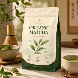 Kantong Kemasan Bawah Rata dengan Ritsleting, Desain Baru, Cetak Kustom, Bahan Food Grade, Dapat Ditutup Kembali, untuk Bubuk Teh Matcha Organik, Segel Delapan Sisi - Product Image 4