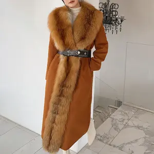 Trench-Coat en cachemire avec col en fourrure de renard, Long manteau en laine Double face fait à la main pour femmes