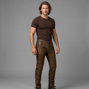 Pantalon homme en cuir véritable marron, coupe skinny, avec cordon de serrage et lacets sur le devant - Product Image 1