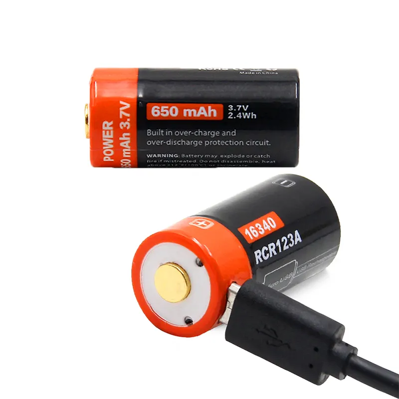 Produto li-ion 3.7v 650mah icr 16340 cr123 rcr123a, recarregável usb, baterias de íon de lítio