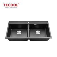 Évier de cuisine rectangulaire double en granit noir de haute qualité avec installation sous plan et surface polie