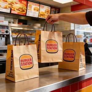 Custom Printed logo White Brown <strong>Shopping</strong> Kraft Paper Bag With Handle Restaurant Carry Away Bag Fast Food Bread Takeout <strong>Nag</strong> - Product Image 1