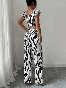 2026 Summer Women's 2 Piece Set Leaf Print Ruffle Sleeve Crop Top High Waist Wide Leg <strong>Pants</strong> Casual Outfit Wholesale - Product Image 4