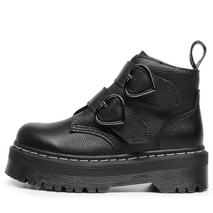 Woman Black Genuine Leather Ankle <b>Boots</b> Heart-Shaped Buckle <b>Platform</b> Chunky Heel Round Toe Anti-Slip Rubber Outsole All Seasons - Product Image 1