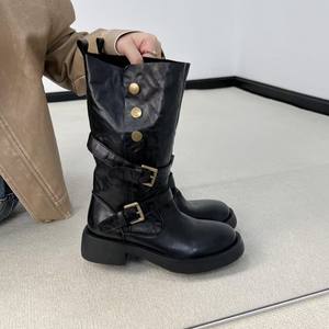 Versión de Cuero Vacuno ~ Botas de Cuero Genuino para Mujer, Novedades Otoño-Invierno 2025, Hebilla de Cinturón, Punta Redonda, Botas de Montar a Media Pantorrilla - Product Image 4