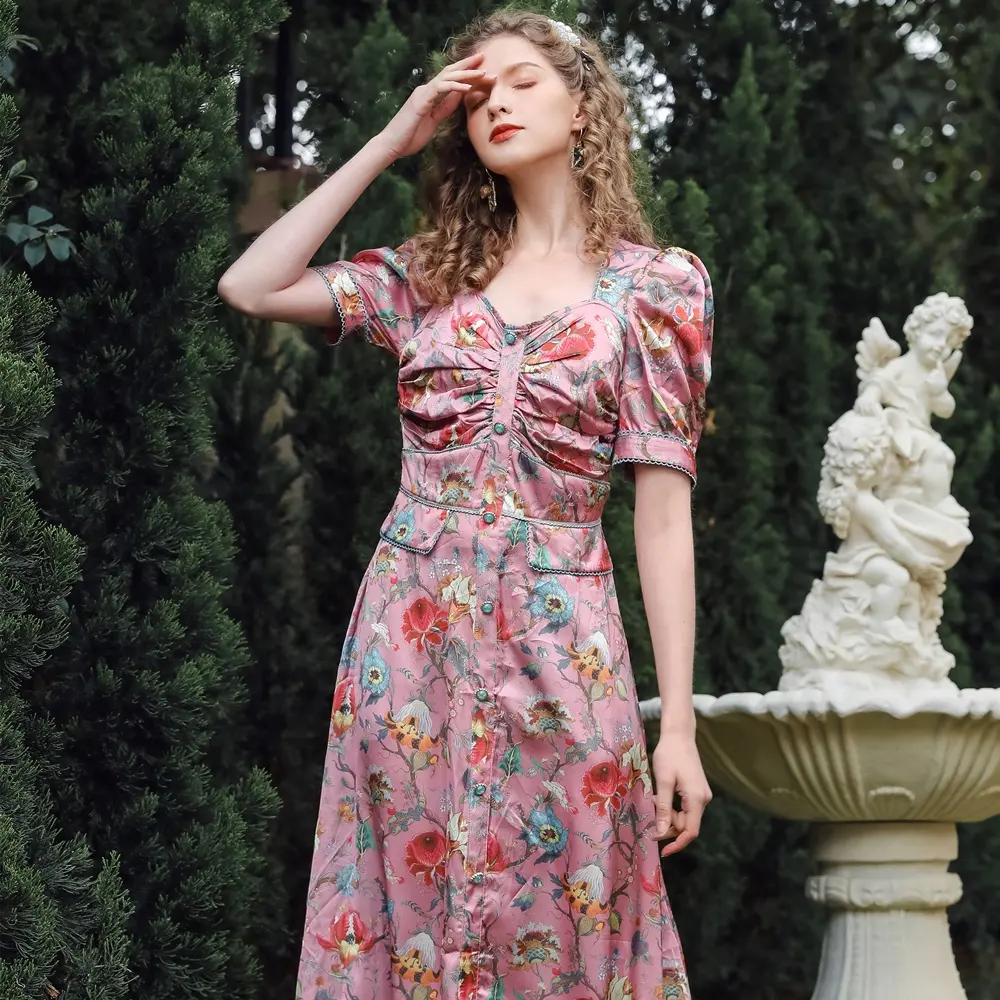 Ladies Vintage Floral Long Dress Flower Pattern Women Elegant Satin Dresses Red Slim Dress For New Year