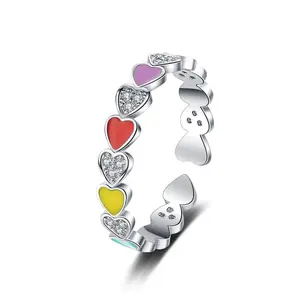 Boa qualidade anel de jóias genuínas 925 sterling silver rainbow amor zircão anel Anel Ajustável Coração Fine Jewelry mulheres presente