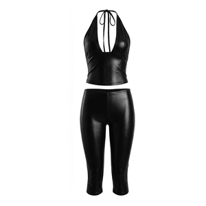Viviblook Y26ST239 Ensemble d'été pour femme, nouveau, sexy, couleur unie, pull à col en V, veste à empiècements, pantalon court moulant, ensemble deux pièces - Product Image 3