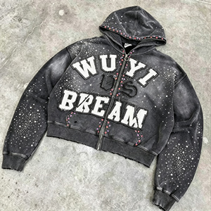 Custom Hoodies <b>Jacket</b> Zipper Gemstone Glitter Sun Faded Embroidery Print Vintage Distressed Acid Wash Diamond <b>Rhinestone</b> Hoodie - Product Image 2