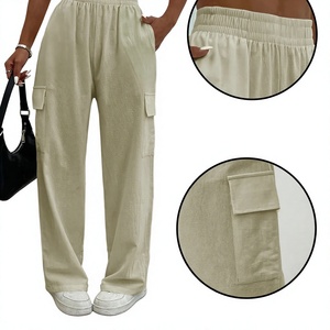 Pantalon cargo taille mi-haute pour femme, couleur unie, coupe ample, longueur intégrale, en coton, décontracté, avec poches, taille élastique, style sport - Product Image 6