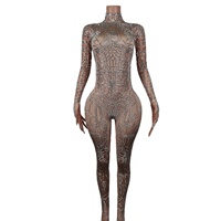 Combinaison scintillante à manches longues avec gants, en spandex orné de strass, pour femmes, coupe ajustée, idéale pour les soirées et la danse