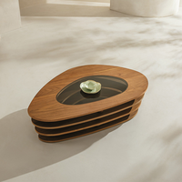 Table basse ovale moderne en placage de noyer avec plateau en verre trempé, finition mate, table centrale en bois pour salon, hôtel, villa, meubles