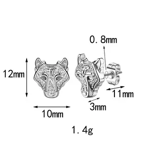 Pendientes de tuerca de animales para hombre de estilo europeo y americano, pendientes de nicho versátiles de acero inoxidable, pendientes de temperamento de cabeza de Lobo