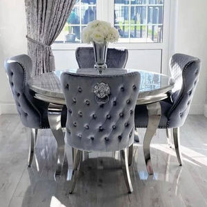 أثاث متاجر فاخر، طقم طاولة طعام دائرية رخيصة بتصميم عصري وأنيق مع 4 كراسي، سطح رخامي وأرجل معدنية - Product Image 2