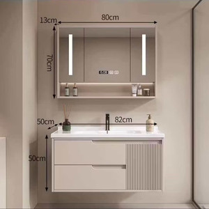 Meuble de salle de bain en bois massif style crème avec lavabo intégré en céramique - Product Image 1