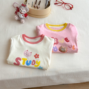 Tongxingyuan Girls T-Shirt Off White Pink Cotton Jersey Faux Two Piece Study Time Print Spring Autumn Kids Clothing - Product Image 2