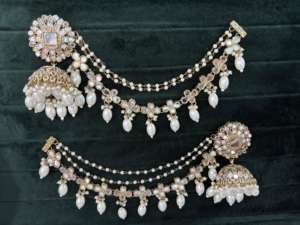 Luxury Handmade Women's Ear Wear Accessories -Silver Plated Multi Color <b>Jhumka</b> Pair With Hair Chain Stranded <b>Earings</b> OEM - Product Image 3