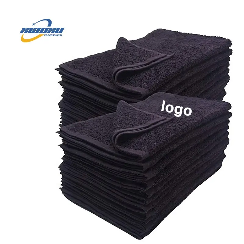 Toallas 100% algodón al por mayor a prueba de lejía negro peluquería spa toallas de mano con logotipo personalizado impreso
