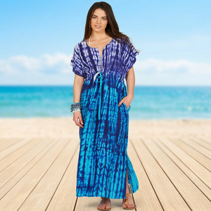 Robe longue décontractée d'été pour femme SRJ EXPORTS, en soie tie-dye écologique, à manches courtes, col rond, coupe ample, style bohème, avec poches - Product Image 3