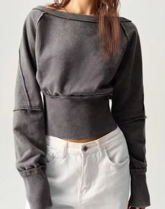 Logo personalizzato a manica lunga accogliente ampio scollo rotondo a punto inverso a punto corto alta elasticizzato <span class=keywords><strong>in</strong></span> <span class=keywords><strong>vita</strong></span> <span class=keywords><strong>felpa</strong></span> da donna - Product Image 5