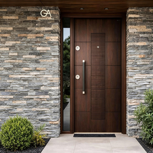 Porte d'entrée principale moderne en bois massif GA-36L avec panneau latéral vitré et rainures décoratives - Product Image 1