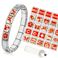 Pulsera Clásica de Acero Inoxidable en Stock, Personalizable con Efecto Goteo de Aceite, DIY, Elástica, Modular Italiana, con Texto Rojo y Accesorios