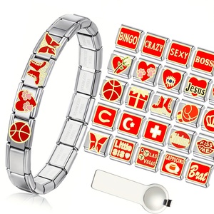 Pulsera Clásica de Acero Inoxidable en Stock, Personalizable con Efecto Goteo de Aceite, DIY, Elástica, Modular Italiana, con Texto Rojo y Accesorios - Product Image 1