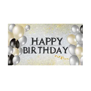 Banner de aniversário feliz, cenário para decoração de festas de aniversário, tecido grande com glitter e balões, cenário para fotos de aniversário