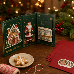Ensemble de cartes de Noël à trois volets avec pince à billets, design original ZS-PC0330, maison en pain d'épices, Père Noël, renne, enveloppe - Product Image 2