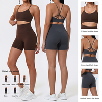 Ensemble de yoga 3 pièces respirant uni pour femme : soutien-gorge de sport dos croisé + short cycliste taille haute – Tenue de sport pour la gym et le fitness