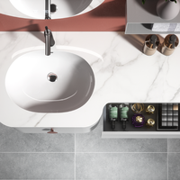 Mueble de Baño Flotante de Diseño con Espejo LED en Forma de Gota de Agua, Antivaho y Gabinete de Almacenamiento que Ahorra Espacio