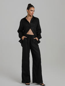 Elegante camicia da donna in due pezzi estiva formale in <span class=keywords><strong>lino</strong></span> con motivo solido e <span class=keywords><strong>pantaloni</strong></span> a maniche lunghe - Product Image 5