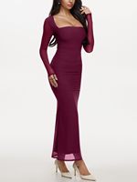 REORIA Robe longue formelle unie à manches longues pour invitée de mariage, automne, en maille transparente, col carré, froncée, taille empire, moulante, 2025