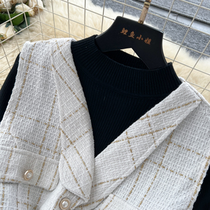 Robe-veste en tweed sans manches polyvalente pour femme, deux pièces, avec ceinture à nouer et <span class=keywords><strong>haut</strong></span> en tricot, élégante et <span class=keywords><strong>chic</strong></span> - Product Image 5