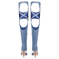 Bottines de soirée à talons aiguilles en denim pour femmes, à lanières, au-dessus du genou, avec découpes
