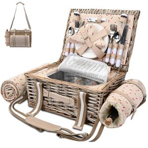 Cesto de Picnic en la playa, cesta tejida a mano, juegos de Navidad con tapa con asa, Cuadrado de bambú, redondo, de cara suave, plegable, para acampar - Product Image 1