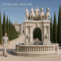 Fontaine en pierre sculptée à la main, arche romaine, statue de cheval Quadriga, élément aquatique, bec en forme de tête de lion pour villa, cour, maison