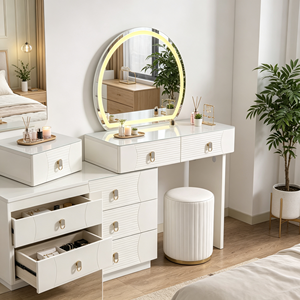 Tocador Moderno Blanco con Espejo LED Redondo, Cómoda de 3 Cajones y Taburete Acanalado para Dormitorio - Product Image 5
