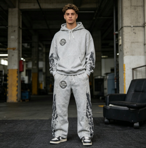 Oversized Men's Hoodie Set Gray Drip Print Cotton French Terry Casual Sweatshirt Pants With Logo Front Pocket Autumn Wear - Product Image 1